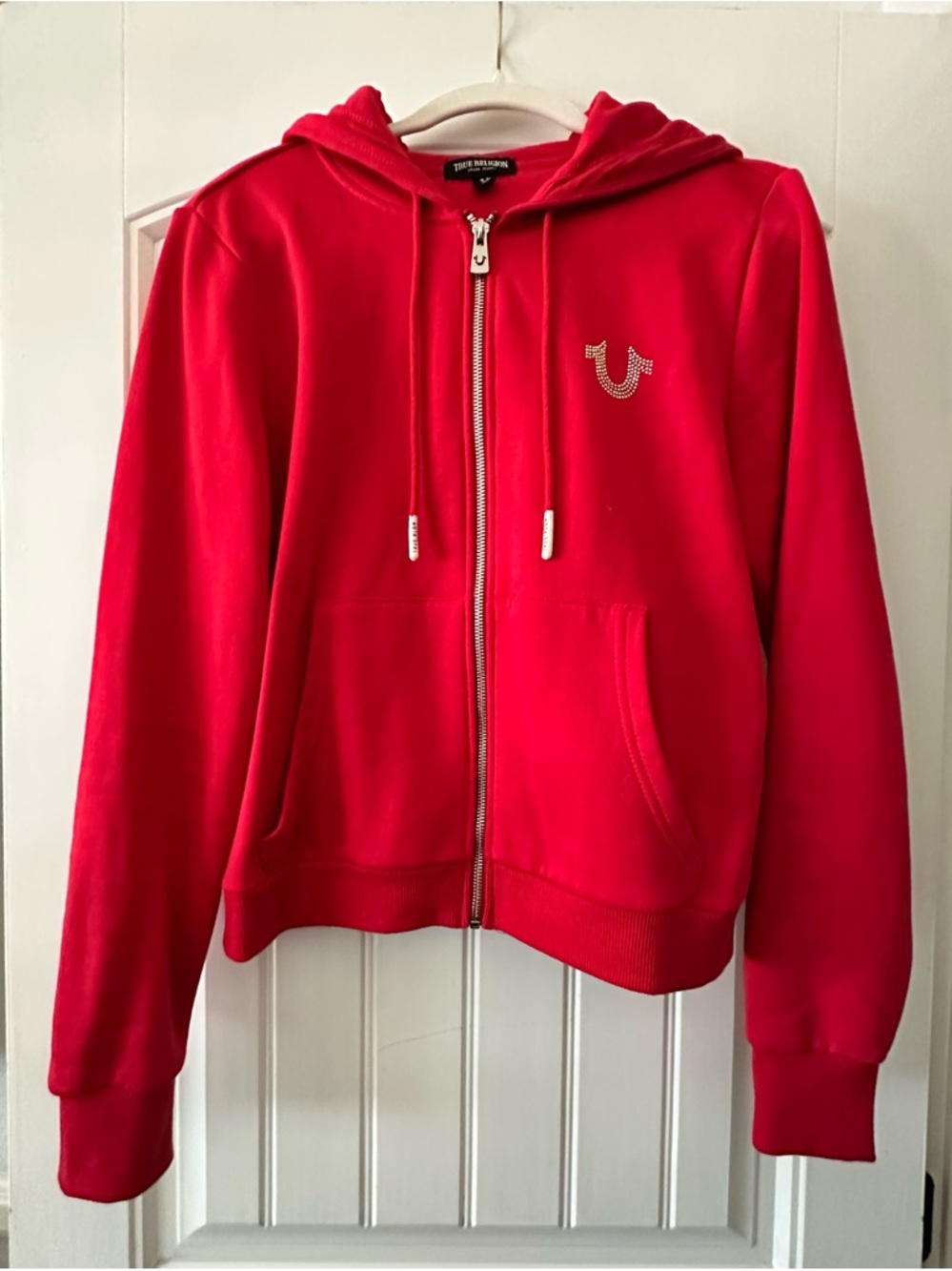 True Religion Bright Red Rhinestone Logo Zip Hoodie